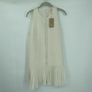 Athe Vanessa Bruno Dress 40 Womens Cream Pleated Ruffle Sleeveless Lined Button